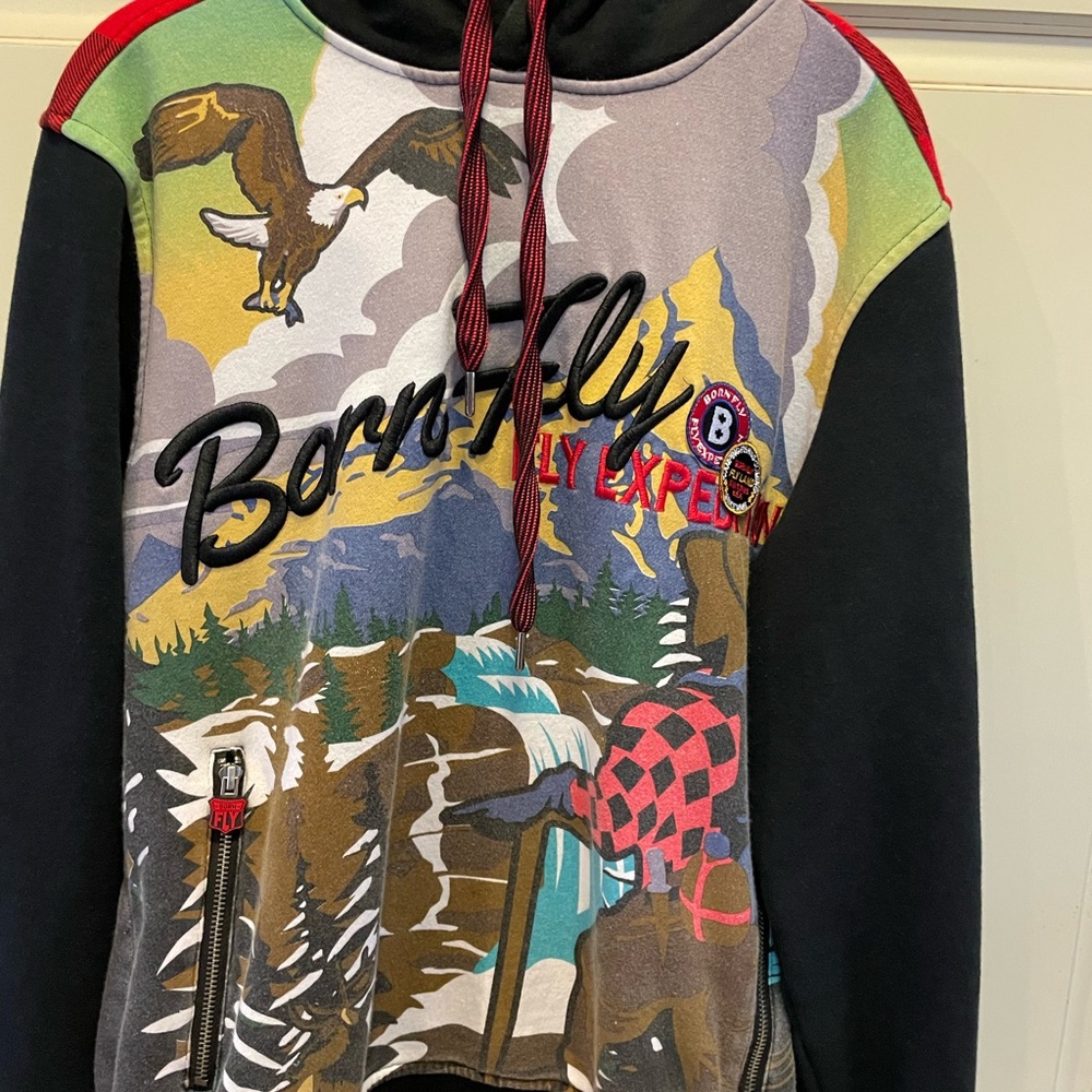Born Fly Hoodie Sweatshirt Sz Small Graphic Fly Expedition Patches
